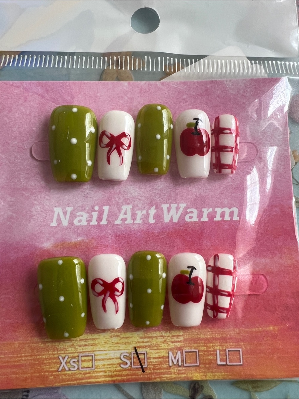 Green and White Press-On Nail Set with Red Apple & Bow Accents